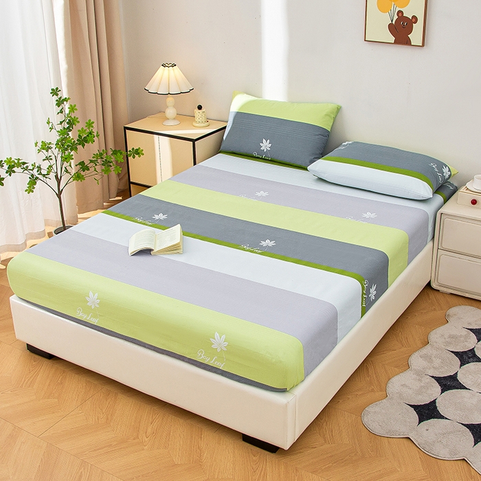 91家纺网 家纺一手货源 找家纺 棉乐町 2025新款五幅段床笠枫叶绿条