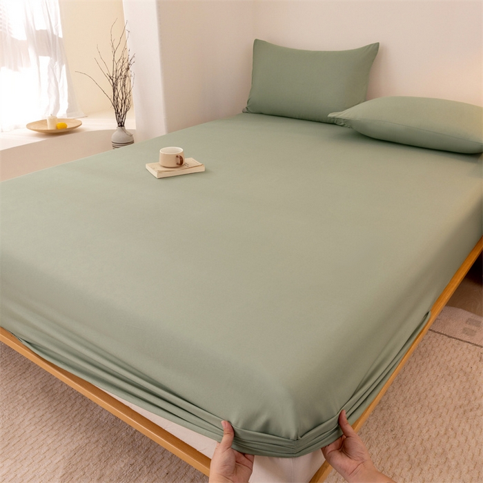 91家纺网 家纺一手货源 找家纺 优迈 2025新款水洗棉亲肤磨毛纯色单品系列单床笠单枕套三件套 抹茶