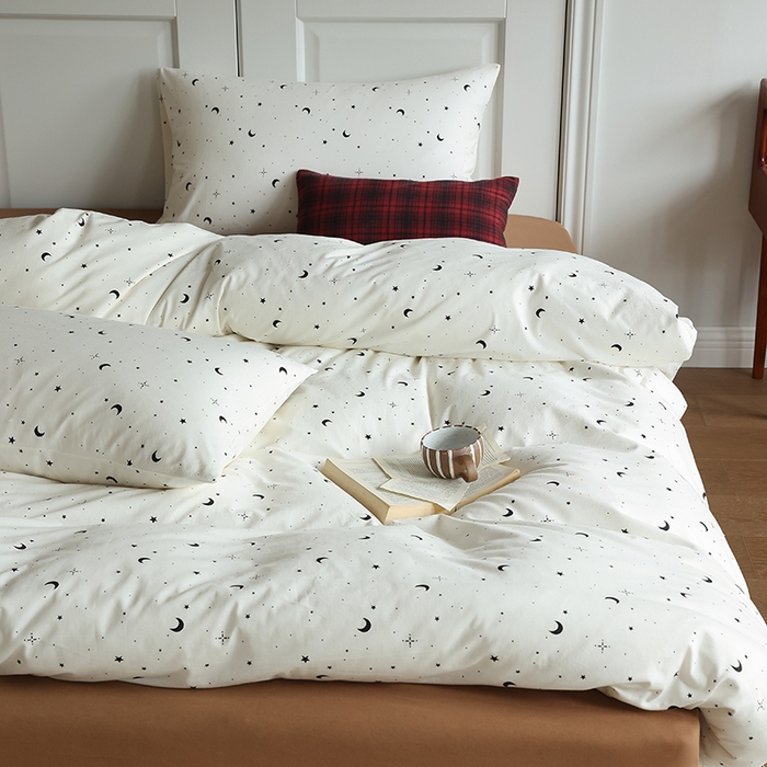 91家纺网 家纺一手货源 找家纺 2025春夏新品母婴A类全棉纯棉针织棉软糯糯清新小碎花床单款四件套 满天星米白