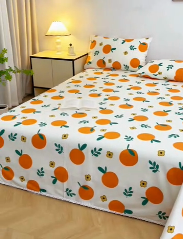 91家纺网 家纺一手货源 找家纺 首爱 2025新款五幅段床单 橘子红了