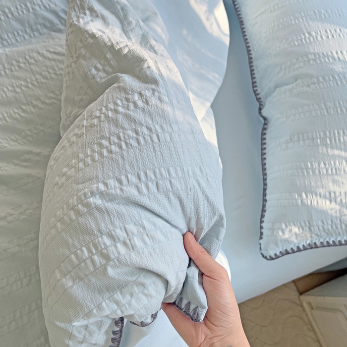 91家纺网 家纺一手货源 找家纺 娜娜 2025新款磨毛水洗棉泡泡纱贝壳边四件套 泡泡纱-湖蓝