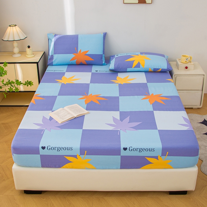 91家纺网 家纺一手货源 找家纺 棉乐町 2025新款五幅段床笠枫叶蓝格