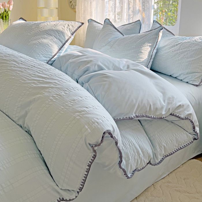 91家纺网 家纺一手货源 找家纺 娜娜 2025新款磨毛水洗棉泡泡纱贝壳边四件套 泡泡纱-湖蓝