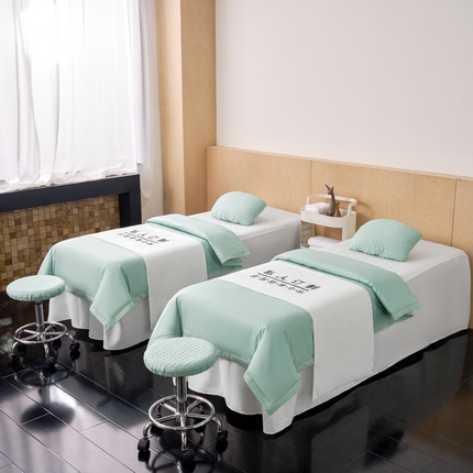 91家纺网 家纺一手货源 找家纺 2024新品四季全棉花边压线系列美-容床罩 全棉压线水波绿色+白