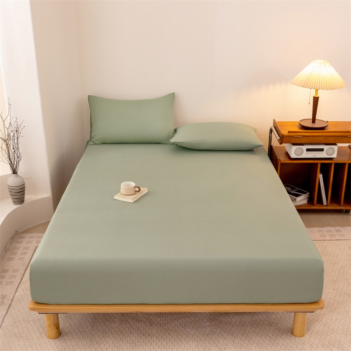 91家纺网 家纺一手货源 找家纺 优迈 2025新款水洗棉亲肤磨毛纯色单品系列单床笠单枕套三件套 抹茶