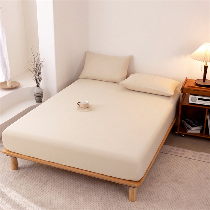 91家纺网 家纺一手货源 找家纺 优迈 2025新款水洗棉亲肤磨毛纯色单品系列单床笠单枕套三件套 奶茶