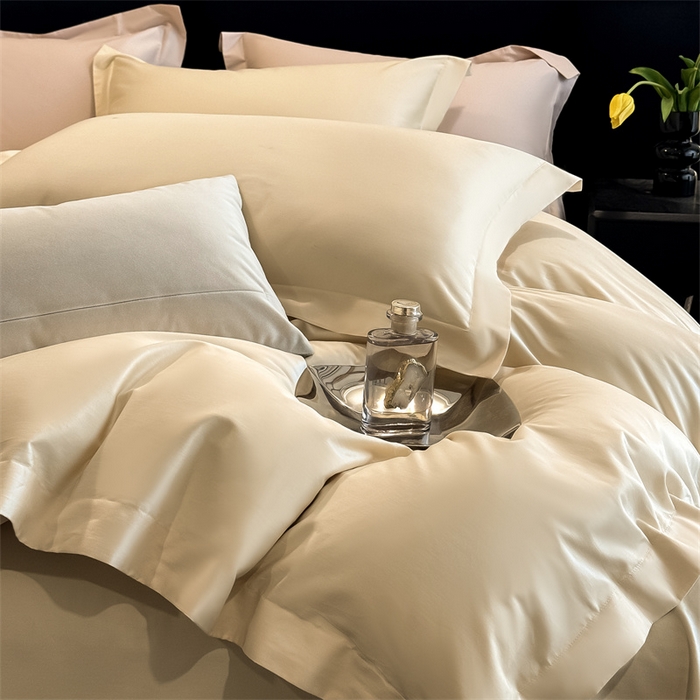 91家纺网 家纺一手货源 找家纺 朵希曼 2025新款纯色贡缎长绒棉系列四件套 米黄