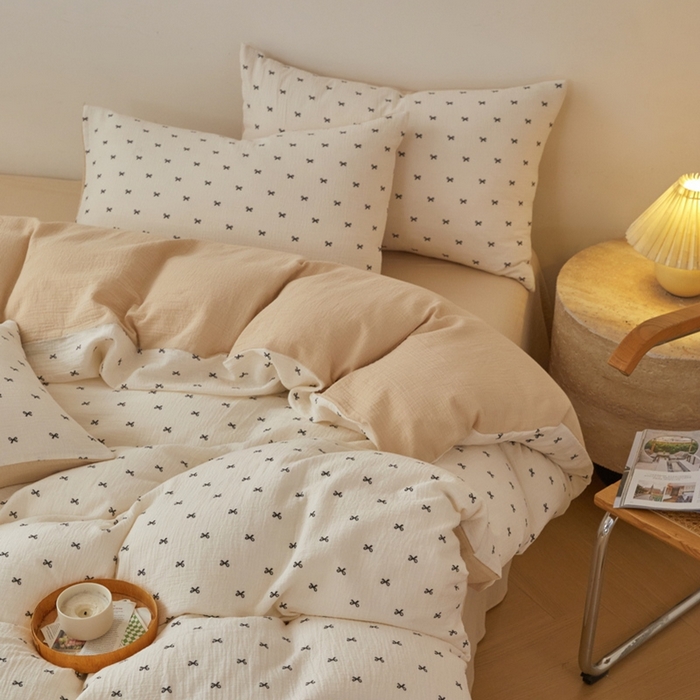 91家纺网 家纺一手货源 找家纺 618家纺 2025新款A类母婴级全棉三层纱皱皱纱纯棉四件套 蝴蝶结米