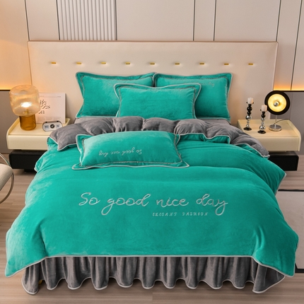 91家纺网 家纺一手货源 找家纺 （买家秀爆款不断货）A类母婴级牛奶绒刺绣四件套珊瑚绒四件套雪花绒四件套刺绣牛奶绒被套四件套床裙四件套 刺绣-湖蓝+绅士灰