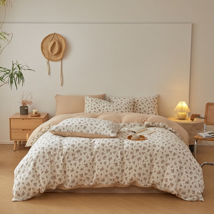 618家纺 2025新款A类母婴级全棉三层纱皱皱纱纯棉四件套 栀子米