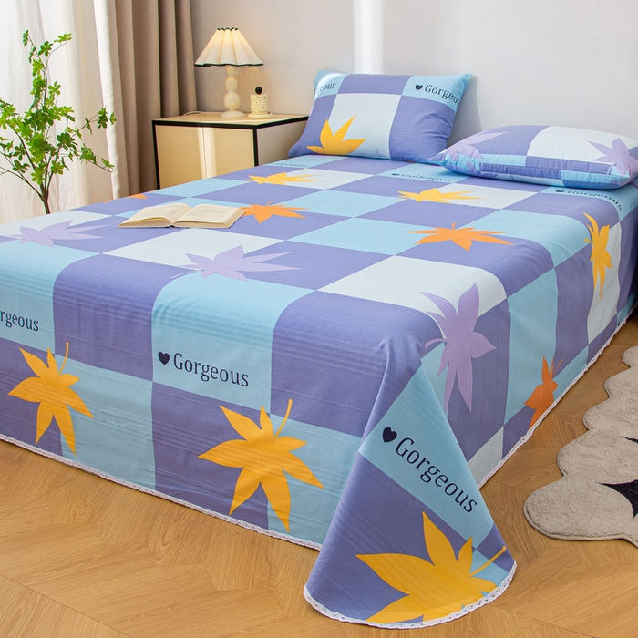 91家纺网 家纺一手货源 找家纺 棉乐町 2025新款五幅段床单 枫叶蓝格