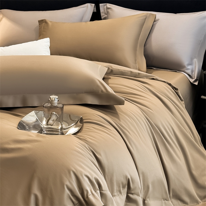 91家纺网 家纺一手货源 找家纺 朵希曼 2025新款纯色贡缎长绒棉系列四件套 棕咖