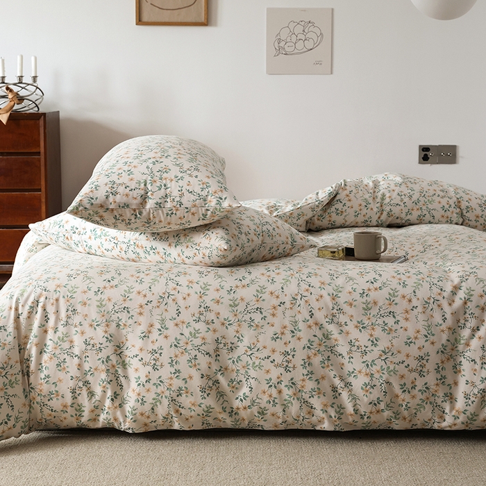 91家纺网 家纺一手货源 找家纺 2025春夏新品母婴A类全棉纯棉针织棉软糯糯清新小碎花床单款四件套 清风