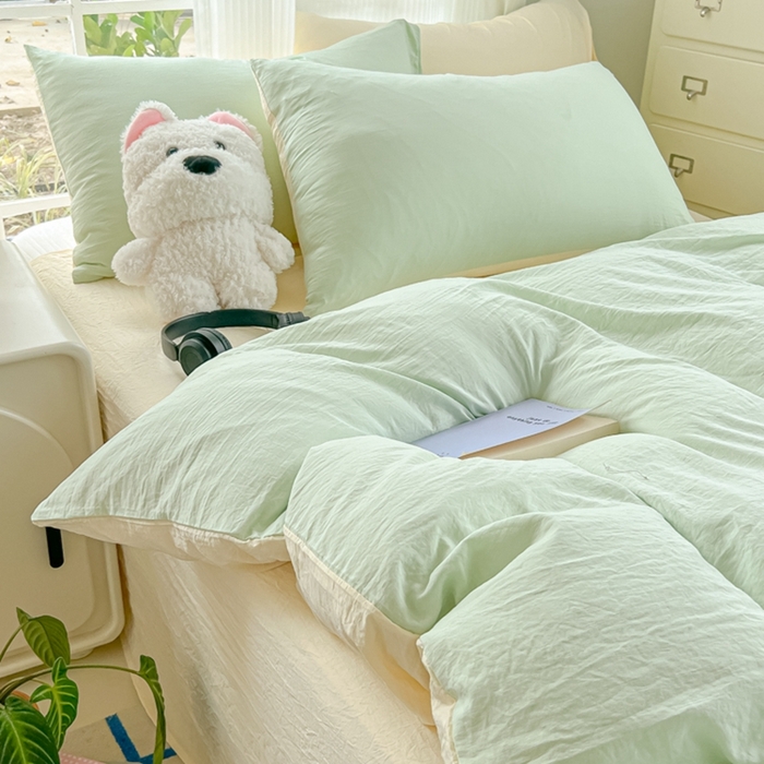 91家纺网 家纺一手货源 找家纺 （总）韩巢家纺 2025新款ins风超柔水洗棉四件套-纯色双拼系列（提供卖家秀）