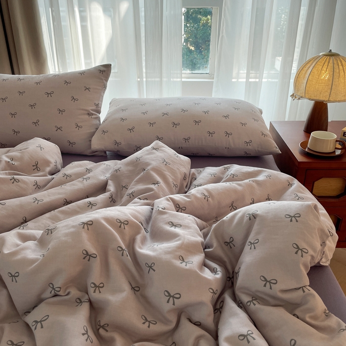 91家纺网 家纺一手货源 找家纺 仟网汇 2025新款有氧全棉双层纱四件套 蝴蝶可颂-紫