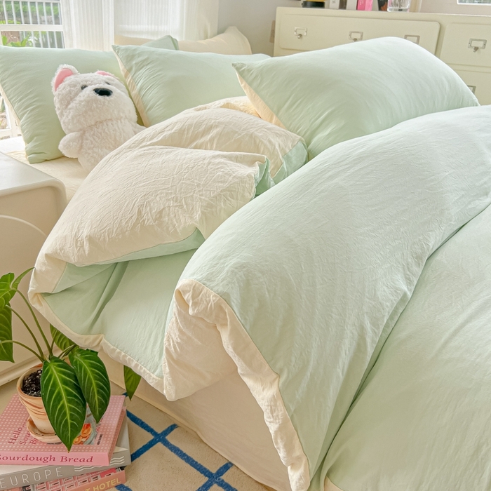 91家纺网 家纺一手货源 找家纺 （总）韩巢家纺 2025新款ins风超柔水洗棉四件套-纯色双拼系列（提供卖家秀）