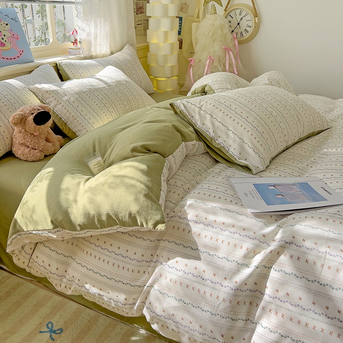 91家纺网 家纺一手货源 找家纺 名品家纺 2025新款针织棉双层纱四件套-风格二 春苑