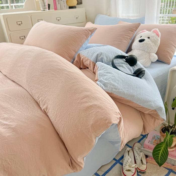 91家纺网 家纺一手货源 找家纺 韩巢家纺 2025新款ins风超柔水洗棉四件套-纯色双拼系列（提供卖家秀） 水洗棉咖蓝