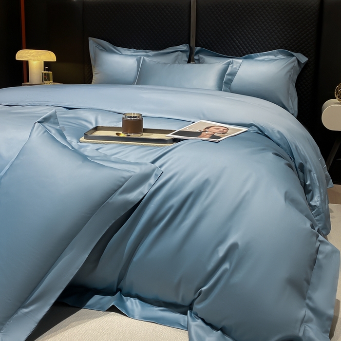 91家纺网 家纺一手货源 找家纺 星蕴家纺 2025新款纯色澳棉长绒棉摩卡系列四件套 摩卡宾利蓝