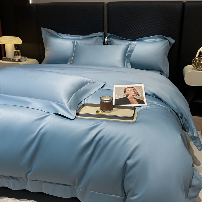 91家纺网 家纺一手货源 找家纺 星蕴家纺 2025新款纯色澳棉长绒棉摩卡系列四件套 摩卡宾利蓝