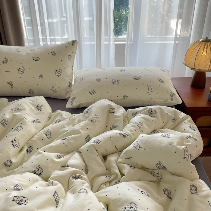 91家纺网 家纺一手货源 找家纺 仟网汇 2025新款有氧全棉双层纱四件套 幻想猫-黑