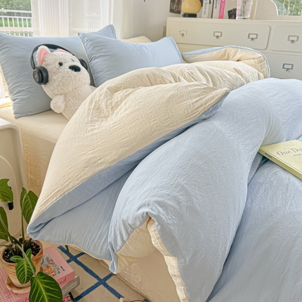 91家纺网 家纺一手货源 找家纺 （总）韩巢家纺 2025新款ins风超柔水洗棉四件套-纯色双拼系列（提供卖家秀）