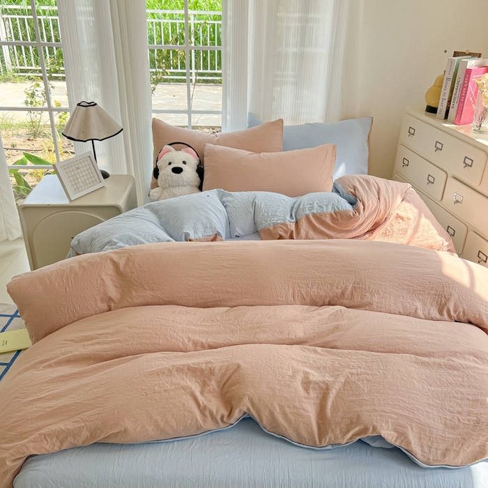 91家纺网 家纺一手货源 找家纺 韩巢家纺 2025新款ins风超柔水洗棉四件套-纯色双拼系列（提供卖家秀） 水洗棉咖蓝