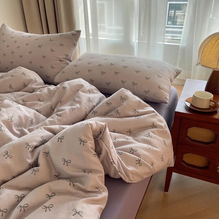 91家纺网 家纺一手货源 找家纺 仟网汇 2025新款有氧全棉双层纱四件套 蝴蝶可颂-紫