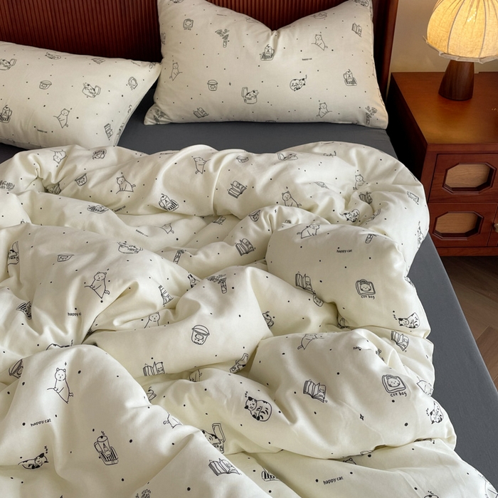 91家纺网 家纺一手货源 找家纺 仟网汇 2025新款有氧全棉双层纱四件套 幻想猫-黑