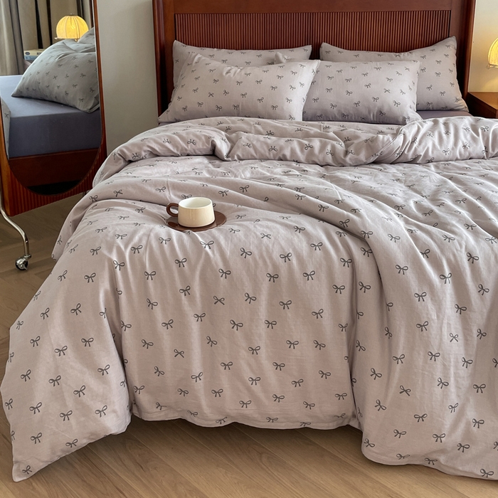 91家纺网 家纺一手货源 找家纺 仟网汇 2025新款有氧全棉双层纱四件套 蝴蝶可颂-紫