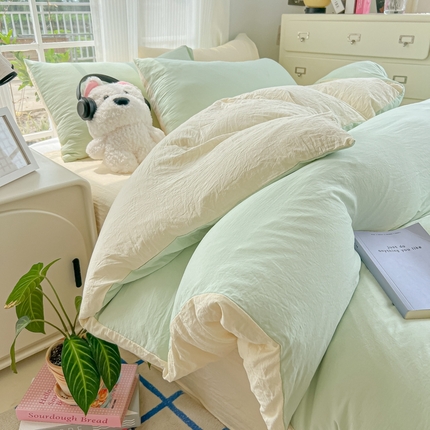 91家纺网 家纺一手货源 找家纺 韩巢家纺 2025新款ins风超柔水洗棉四件套-纯色双拼系列（提供卖家秀） 水洗棉浅绿黄