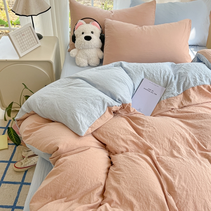 91家纺网 家纺一手货源 找家纺 韩巢家纺 2025新款ins风超柔水洗棉四件套-纯色双拼系列（提供卖家秀） 水洗棉咖蓝