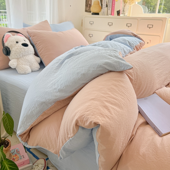 91家纺网 家纺一手货源 找家纺 韩巢家纺 2025新款ins风超柔水洗棉四件套-纯色双拼系列（提供卖家秀） 水洗棉咖蓝