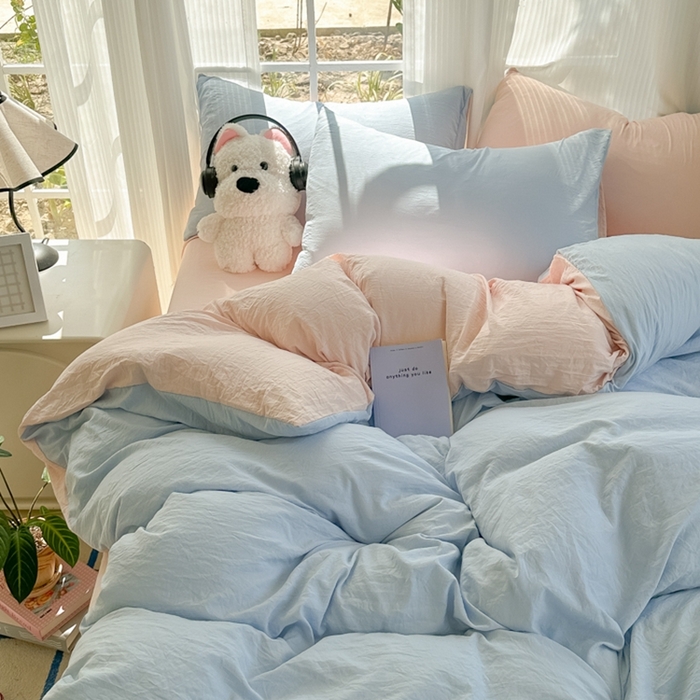 91家纺网 家纺一手货源 找家纺 韩巢家纺 2025新款ins风超柔水洗棉四件套-纯色双拼系列（提供卖家秀） 水洗棉蓝粉