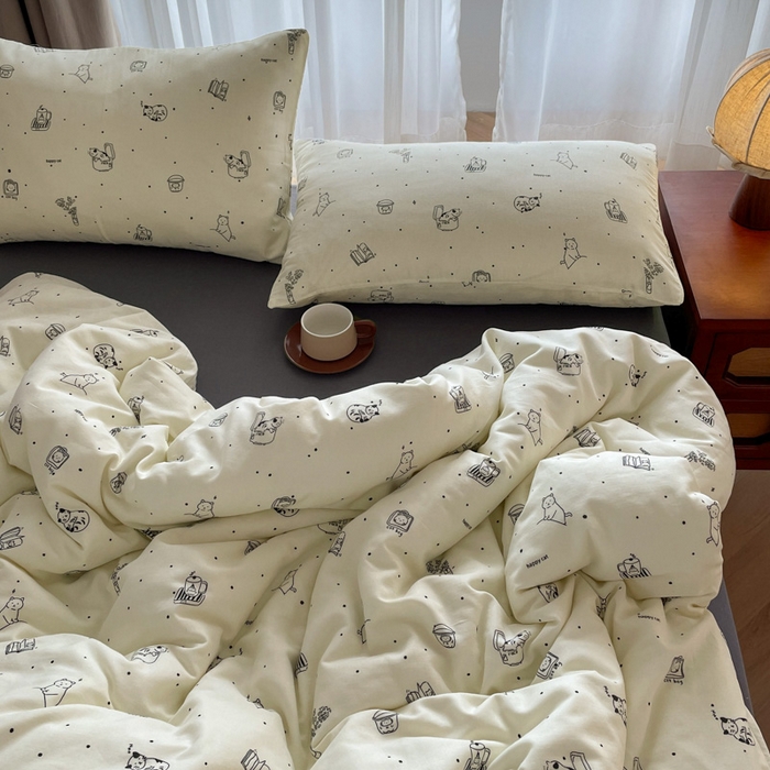 91家纺网 家纺一手货源 找家纺 仟网汇 2025新款有氧全棉双层纱四件套 幻想猫-黑