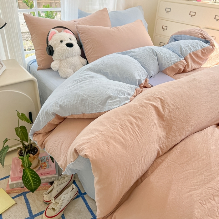 91家纺网 家纺一手货源 找家纺 韩巢家纺 2025新款ins风超柔水洗棉四件套-纯色双拼系列（提供卖家秀） 水洗棉咖蓝