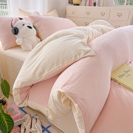 韩巢家纺 2025新款ins风超柔水洗棉四件套-纯色双拼系列（提供卖家秀） 水洗棉浅粉黄