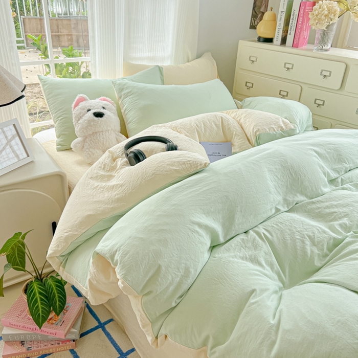 91家纺网 家纺一手货源 找家纺 （总）韩巢家纺 2025新款ins风超柔水洗棉四件套-纯色双拼系列（提供卖家秀）