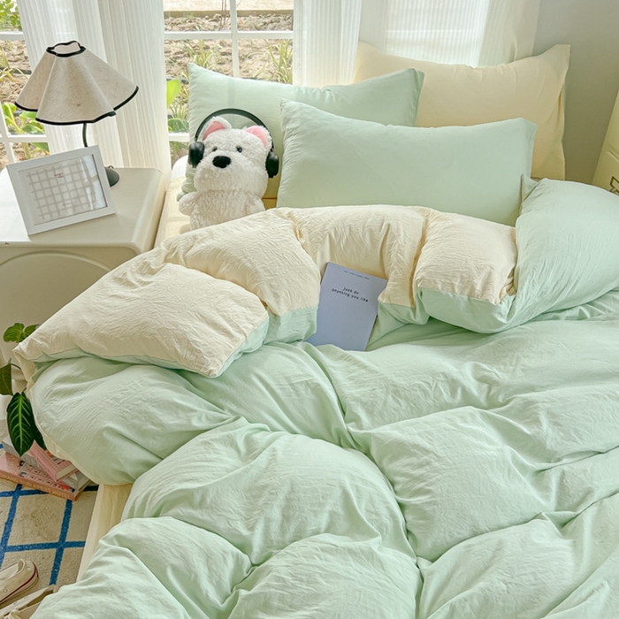 91家纺网 家纺一手货源 找家纺 （总）韩巢家纺 2025新款ins风超柔水洗棉四件套-纯色双拼系列（提供卖家秀）