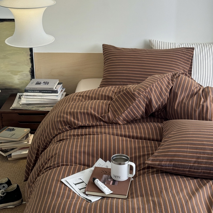 91家纺网 家纺一手货源 找家纺 （总）艾沁家纺 2025新款全棉复古色织水洗棉四件套-栗子巧克力