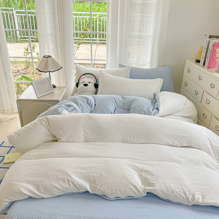 91家纺网 家纺一手货源 找家纺 韩巢家纺 2025新款ins风超柔水洗棉四件套-纯色双拼系列（提供卖家秀） 水洗棉白蓝