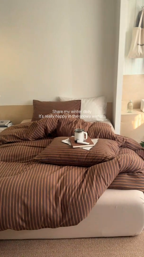 91家纺网 家纺一手货源 找家纺 （总）艾沁家纺 2025新款全棉复古色织水洗棉四件套-栗子巧克力