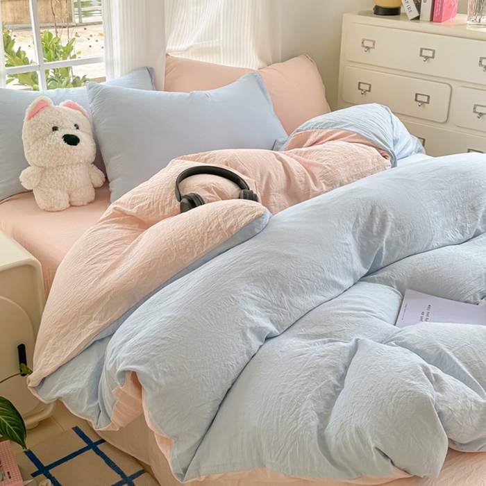 91家纺网 家纺一手货源 找家纺 韩巢家纺 2025新款ins风超柔水洗棉四件套-纯色双拼系列（提供卖家秀） 水洗棉蓝粉