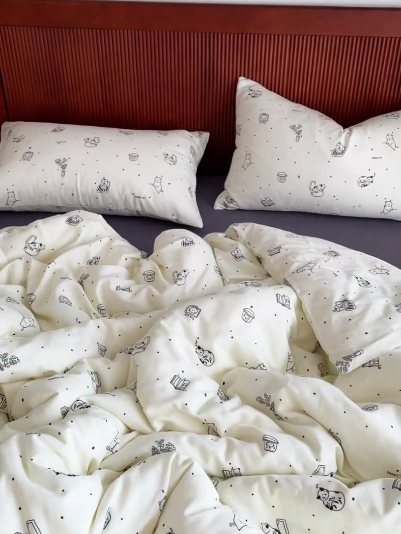 91家纺网 家纺一手货源 找家纺 仟网汇 2025新款有氧全棉双层纱四件套 幻想猫-黑