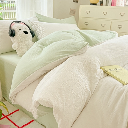 韩巢家纺 2025新款ins风超柔水洗棉四件套-纯色双拼系列（提供卖家秀） 水洗棉白绿