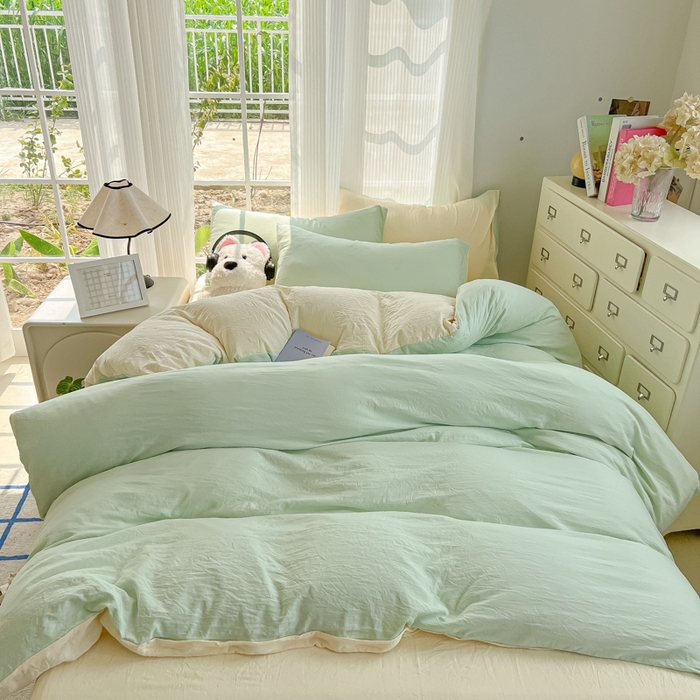 91家纺网 家纺一手货源 找家纺 （总）韩巢家纺 2025新款ins风超柔水洗棉四件套-纯色双拼系列（提供卖家秀）