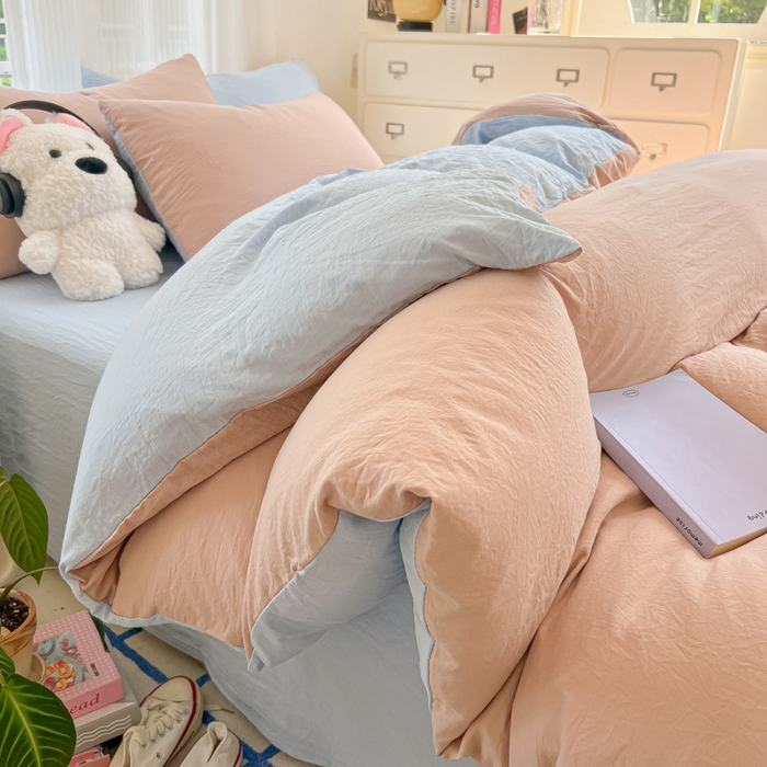 91家纺网 家纺一手货源 找家纺 韩巢家纺 2025新款ins风超柔水洗棉四件套-纯色双拼系列（提供卖家秀） 水洗棉咖蓝