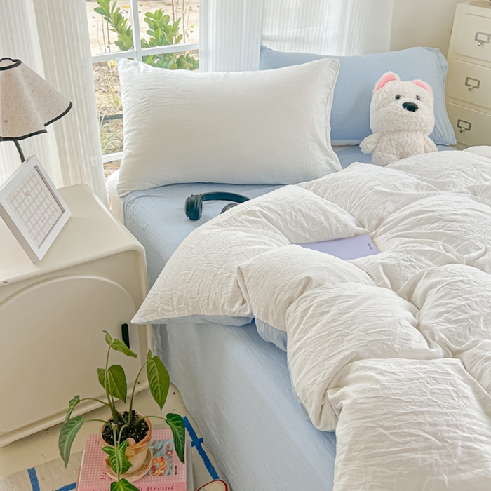 91家纺网 家纺一手货源 找家纺 韩巢家纺 2025新款ins风超柔水洗棉四件套-纯色双拼系列（提供卖家秀） 水洗棉白蓝
