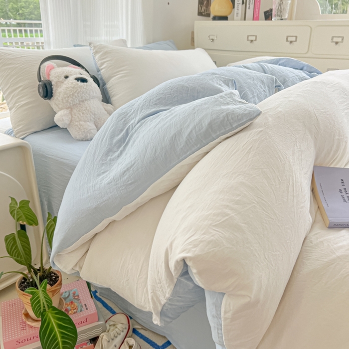 91家纺网 家纺一手货源 找家纺 韩巢家纺 2025新款ins风超柔水洗棉四件套-纯色双拼系列（提供卖家秀） 水洗棉白蓝