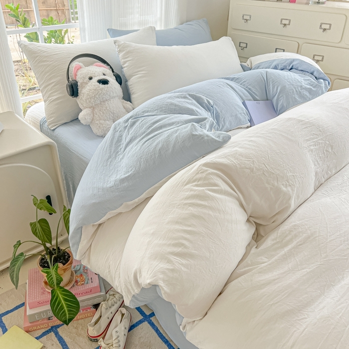 91家纺网 家纺一手货源 找家纺 韩巢家纺 2025新款ins风超柔水洗棉四件套-纯色双拼系列（提供卖家秀） 水洗棉白蓝